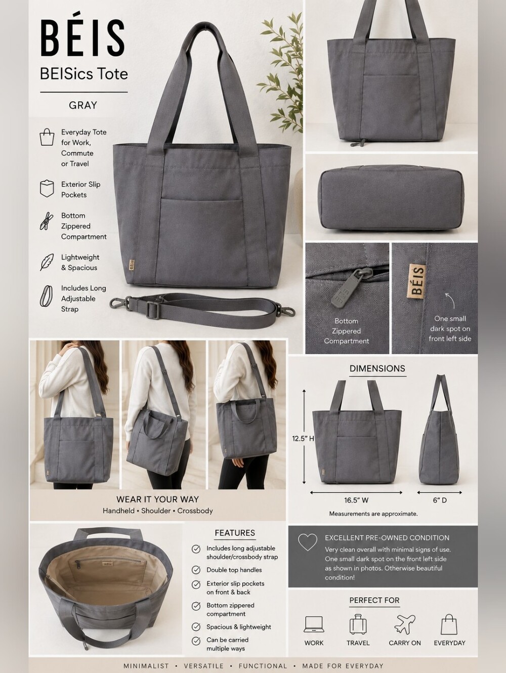 BÉIS BEISics Tote Bag Gray + Adjustable Strap